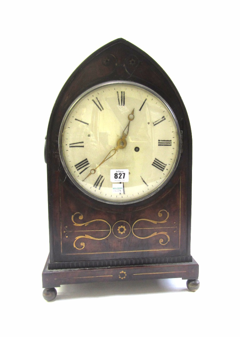 A mahogany and brass inlaid mantel timepiece mid 19th century