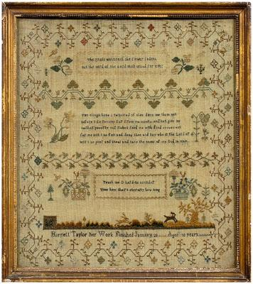 Embroidered needlework sampler nine line verse in three panels floral