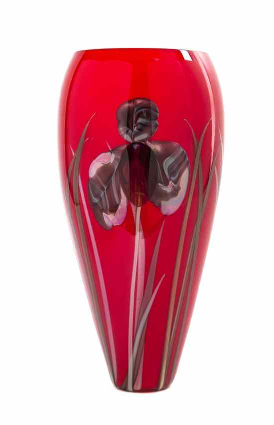 An American Glass Vase Richard Satava Irises 1994 depicting irises