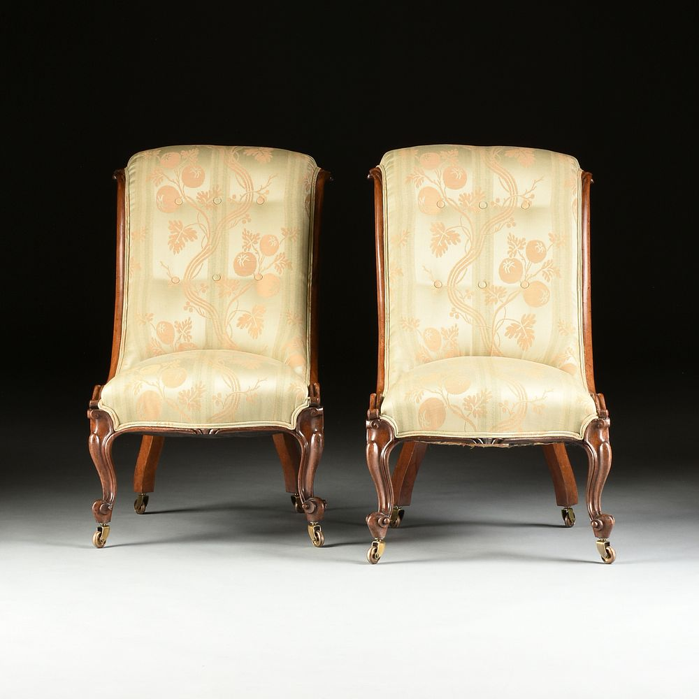 A PAIR OF VICTORIAN UPHOLSTERED ROSEWOOD TALL BACK SLIPPER CHAIRS