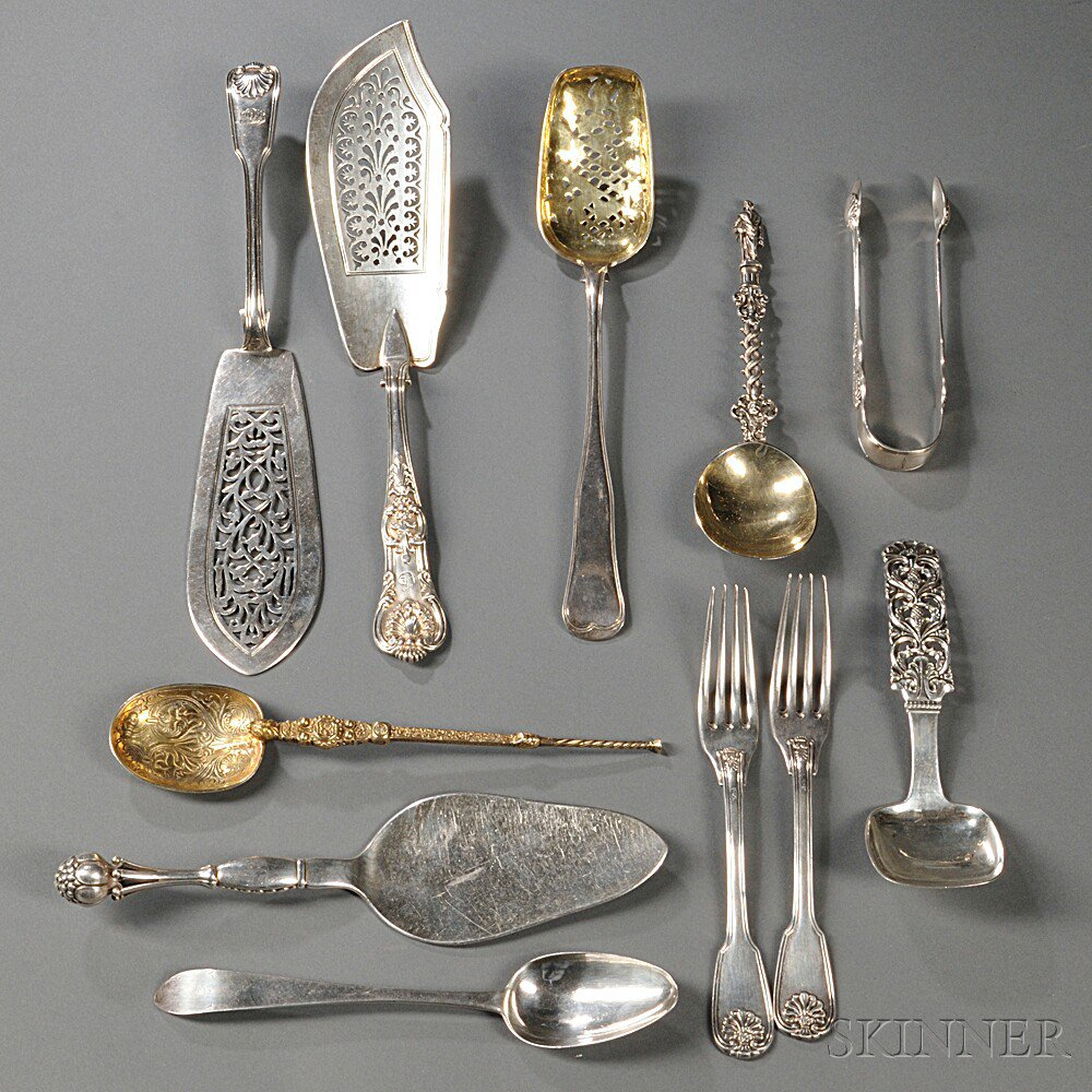 Eleven Pieces of British and Continental Silver Flatware six British