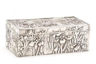 Japanese Silver Dresser Box with Irises Japanese Export early 20th