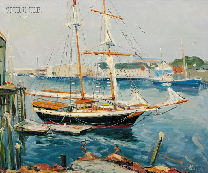 Charles Stepule American 1911 2006 Harbor Scene Incised signature Stepule
