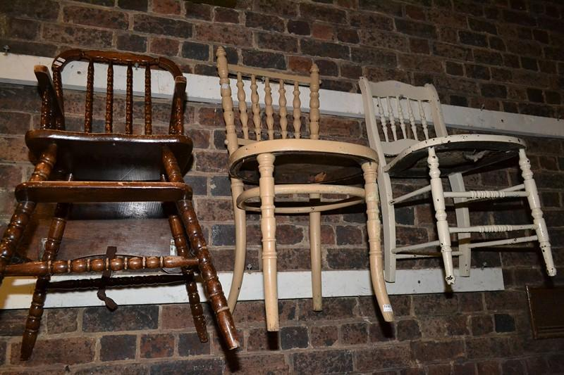 THREE RUSTIC EARLY 20THC CHAIRS INCL ONE HIGH CHAIR THREE