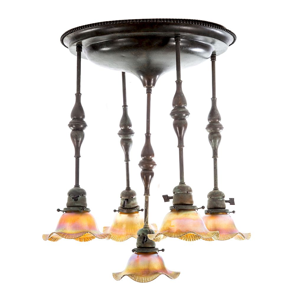 Arts Crafts Style Hanging Light Fixture patinated metal 5 light