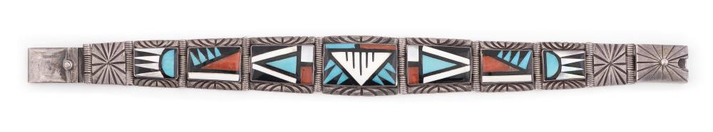SIGNED ZUNI INLAID STONE LINK BRACELET MID TO LATE 20TH