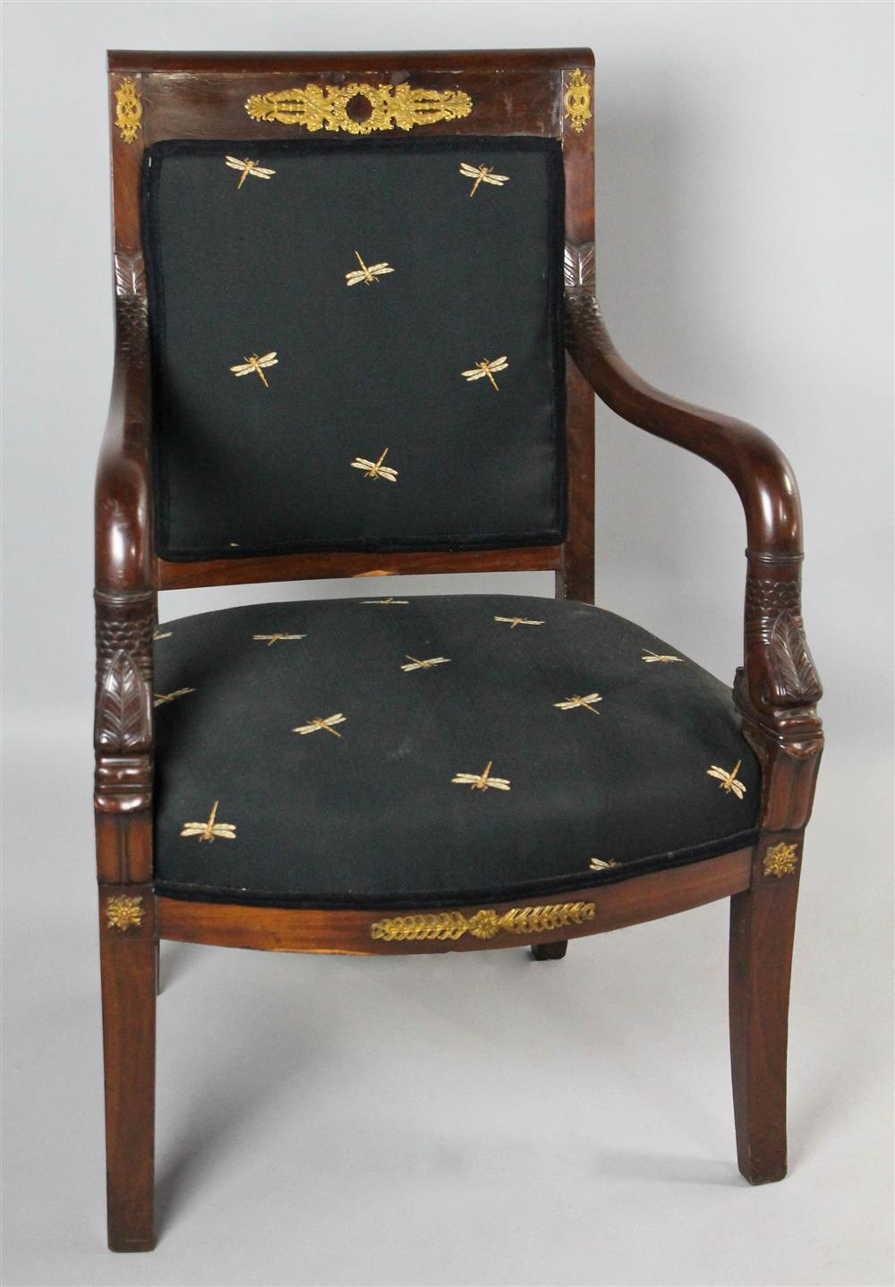 REGENCY ORMOLU MOUNTED MAHOGANY ARMCHAIR having a gently curving scrolling