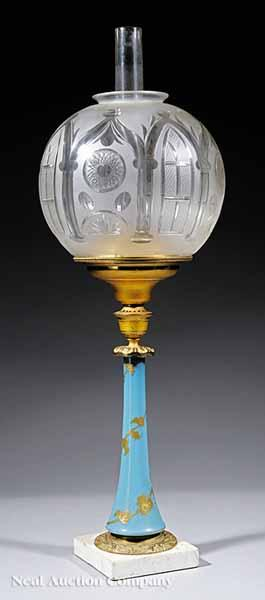 A Very Fine American Gilt Brass Gilt Decorated Blue Glass