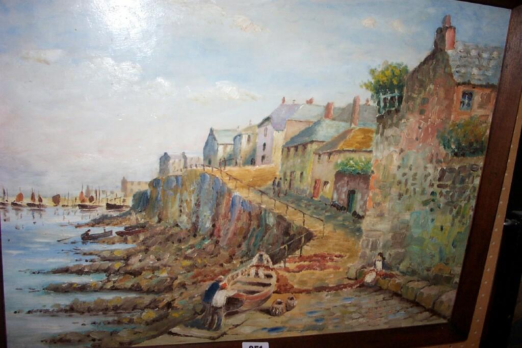 An oil painting on board of a harbour scene possibly