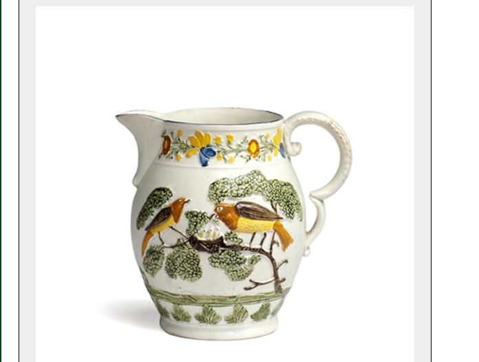 RARE STAFFORDSHIRE PEARLWARE HOLLAND JUG CIRCA 1790 Relief molded and