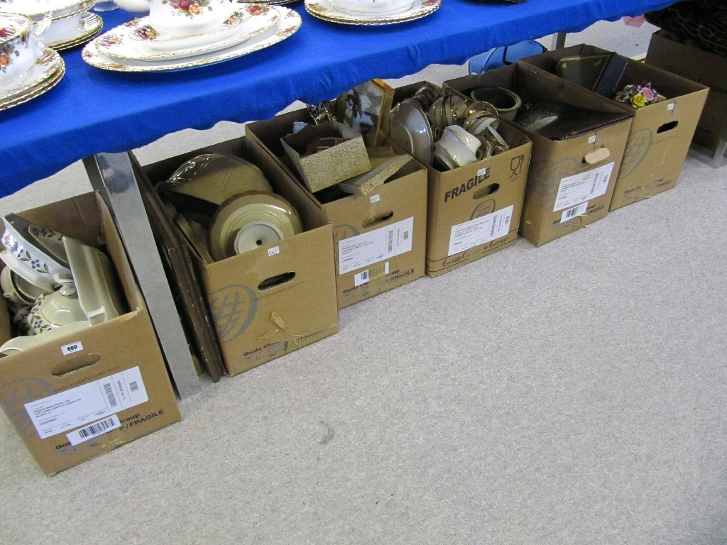 Lot comprising six boxes of assorted ceramics and two framed
