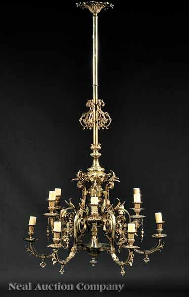 A Renaissance Revival Gilt Bronze Twelve Light Gasolier c 1870