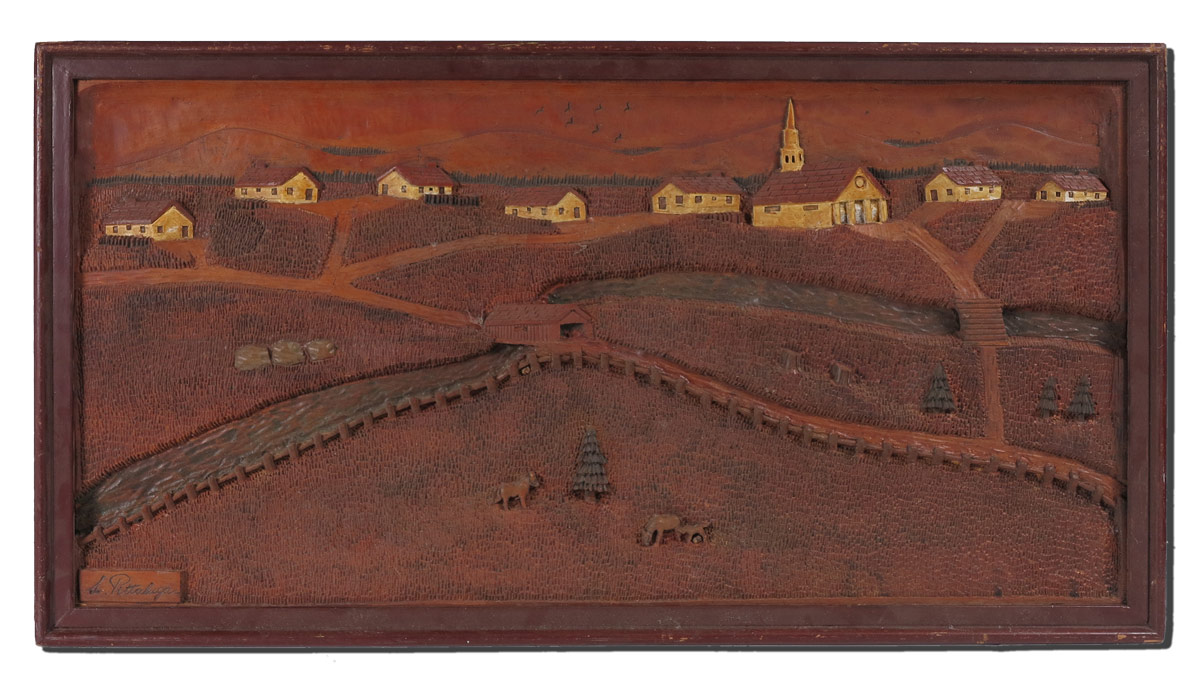 FOLK ART CARVED PANEL SIGNED PITTALUGA Carved and painted scene