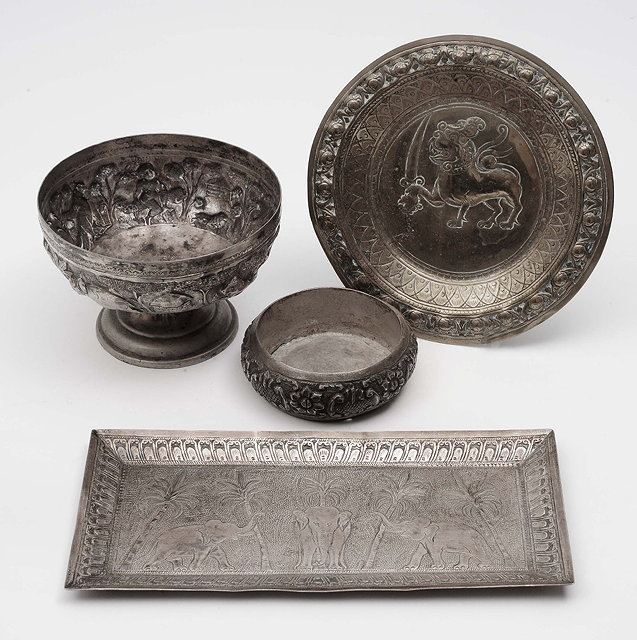 An Indian silver rectangular traycirca 1920engraved with three elephants a