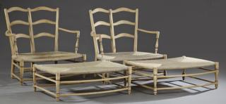 Pair of Polychromed French Provincial Rush Seat Se Pair of