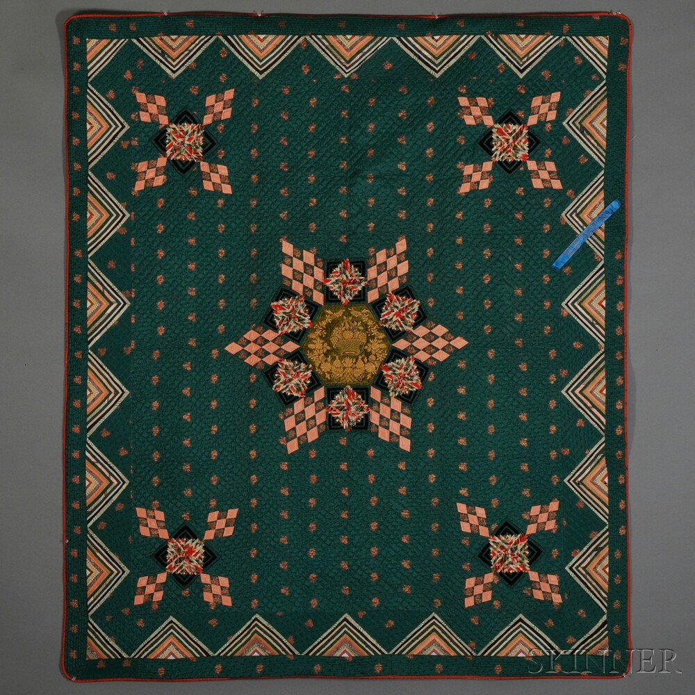 Pieced Silk Brocade and Embroidered Velvet Geometric Star Quilt Tennessee
