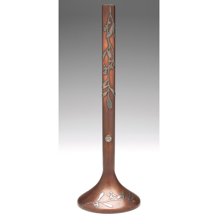 Heintz bud vase sterling on bronze applied leaf and berry