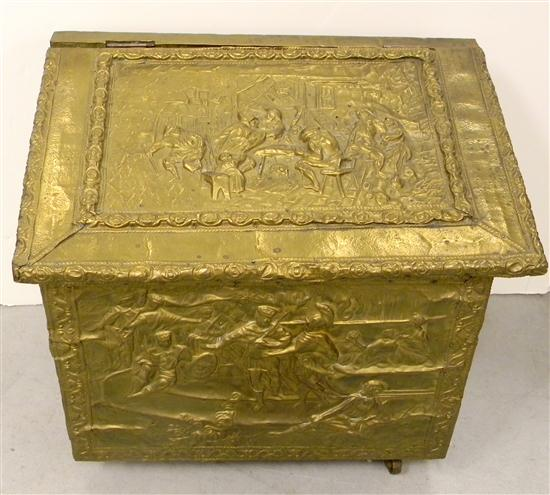 Brass repousse covered wooden box with figural scenes in relief