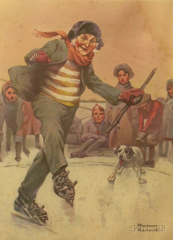 Framed Norman Rockwell Print O the Ice inscribed Norman Rockwell