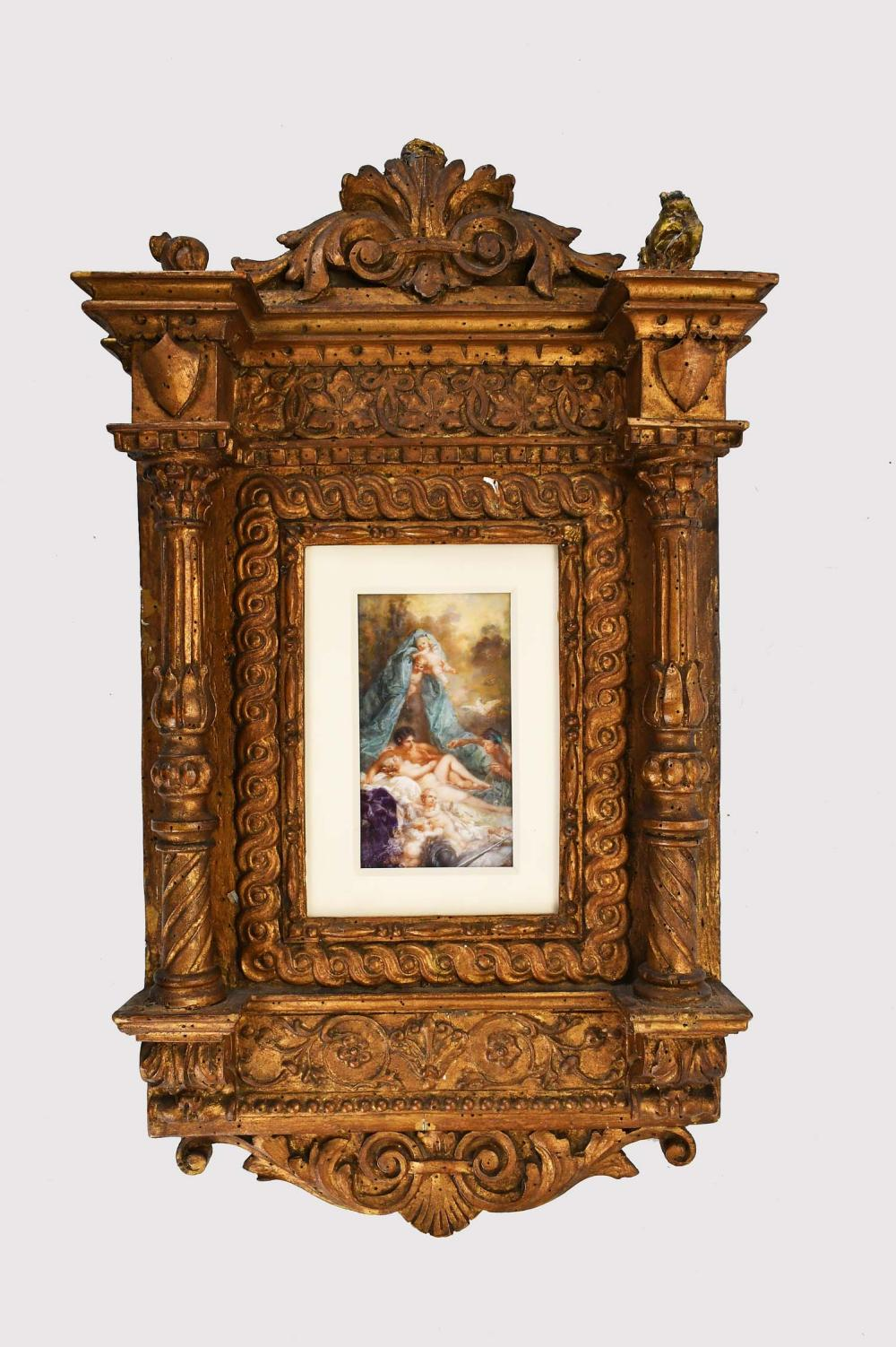 PAINTED MINIATURE IN AN ITALIAN GILTWOOD FRAMEProbably 18th Century The