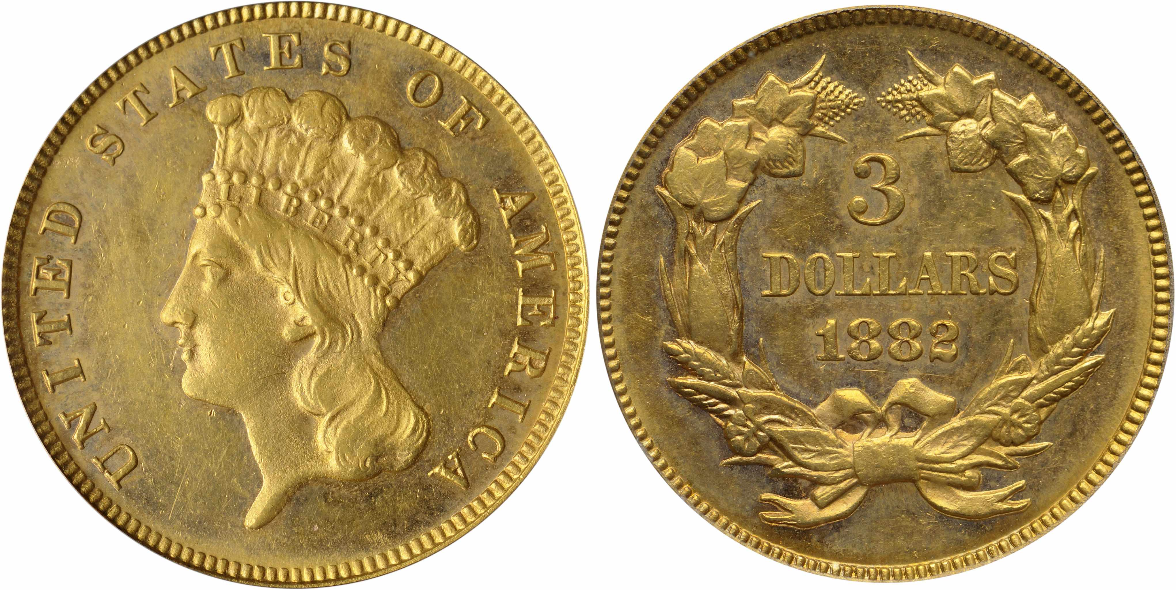 1882 3 MS61 PCGS The 1882 three dollar gold issue