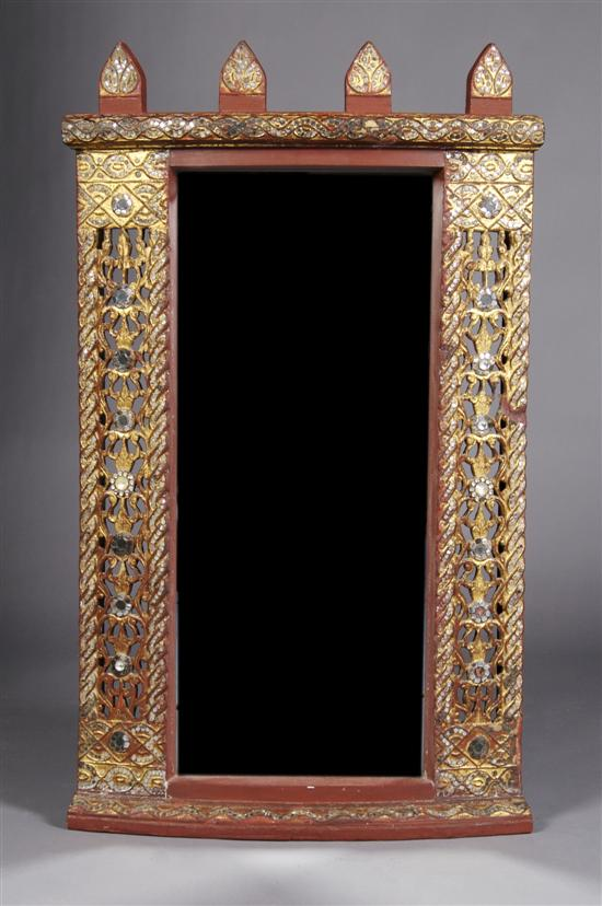 A Southeast Asian Carved Wood Mirror Height 36 x width