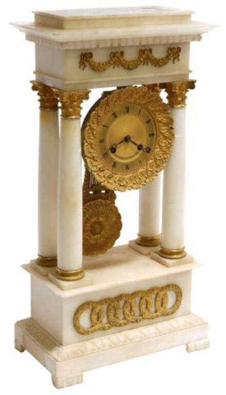 French striking portico clock late 19th c white alabaster architectural
