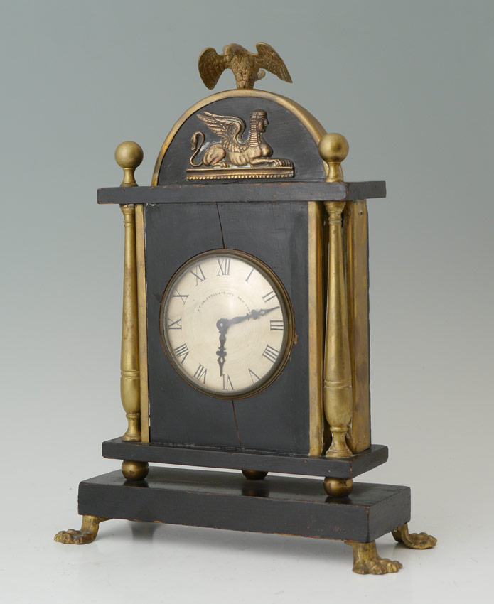 E F CALDWELL EGYPTIAN REVIVAL DESK CLOCK Winged eagle finial