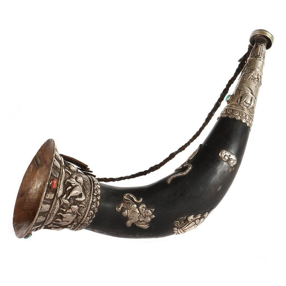 Tibetan Silver Mounted Trumpet Decorated with silver repousse and coral