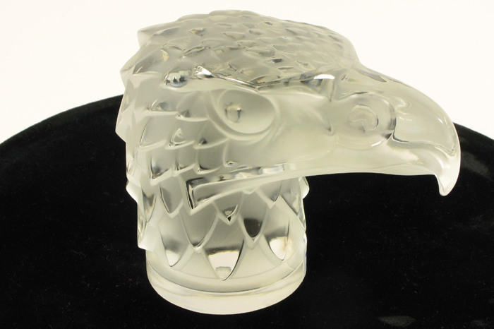 LALIQUE FRANCE EAGLE S HEAD HOOD ORNAMENT frosted and clear