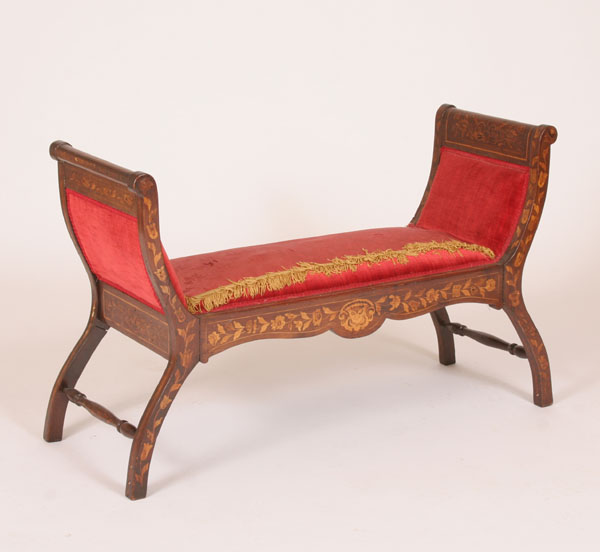 Early Dutch marquetry bench scrolled arms fringed upholstery 28 H