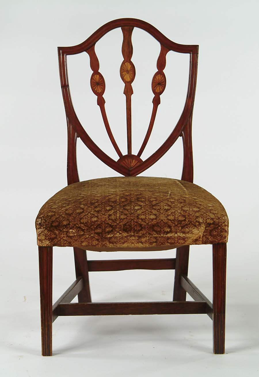 HEPPLEWHITE INLAID SHIELD BACK SIDE CHAIR Over upholstered seat with
