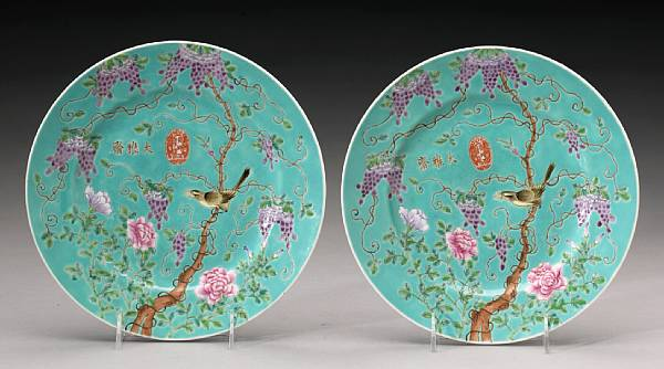 A pair of turquoise ground famille rose enameled porcelain plates