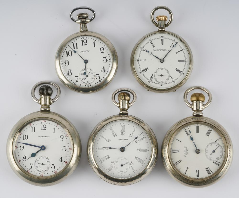 FIVE WALTHAM POCKET WATCHESthe 1st Fahys ore silver 18S three