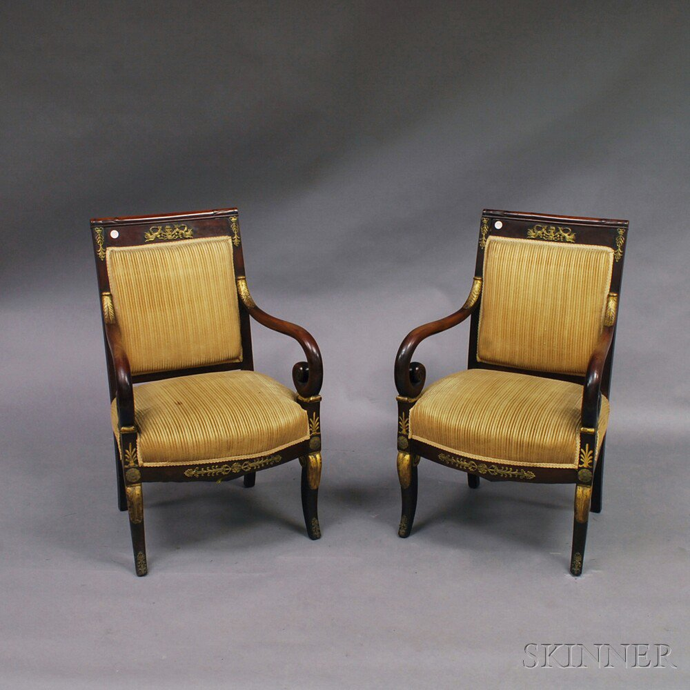 Pair of French Empire Carved Mahogany Ormolu mounted Fauteuil early