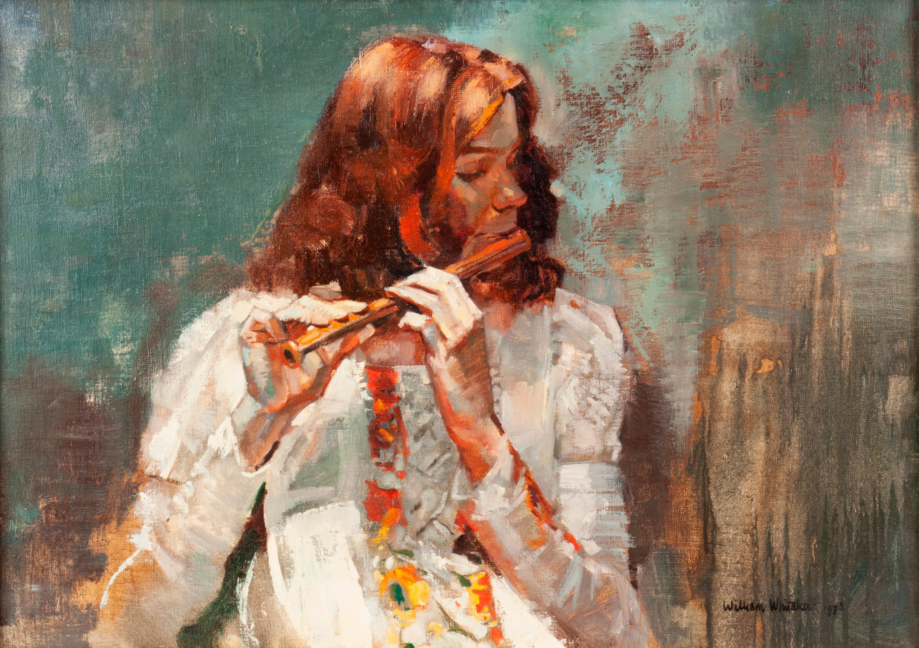 WILLIAM WHITAKER OIL ON CANVAS WOMAN PLAYING FLUTE William Whitaker