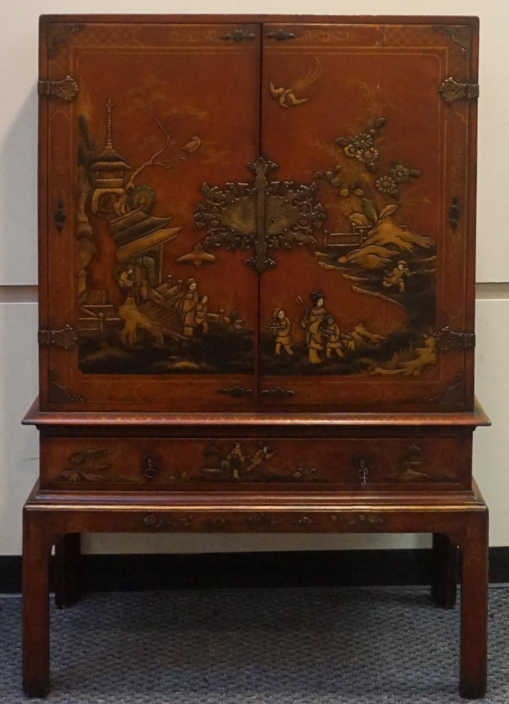 Chinese Georgian Style Metal Mounted Red Lacquer Chest on Stand