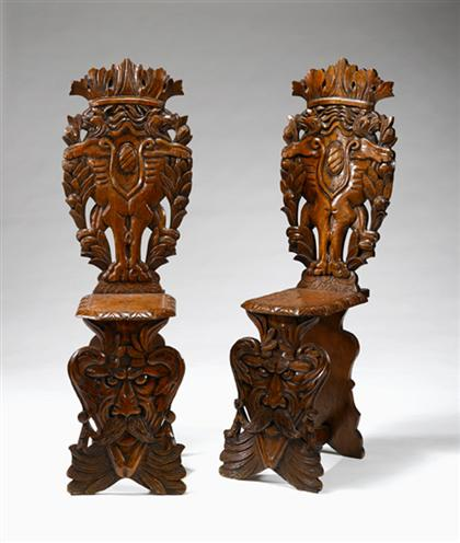Pair of Baroque style Italian carved oak hall chairs H