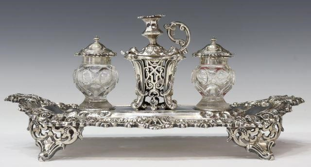 English Victorian sterling silver double inkwell desk stand Henry Wilkinson