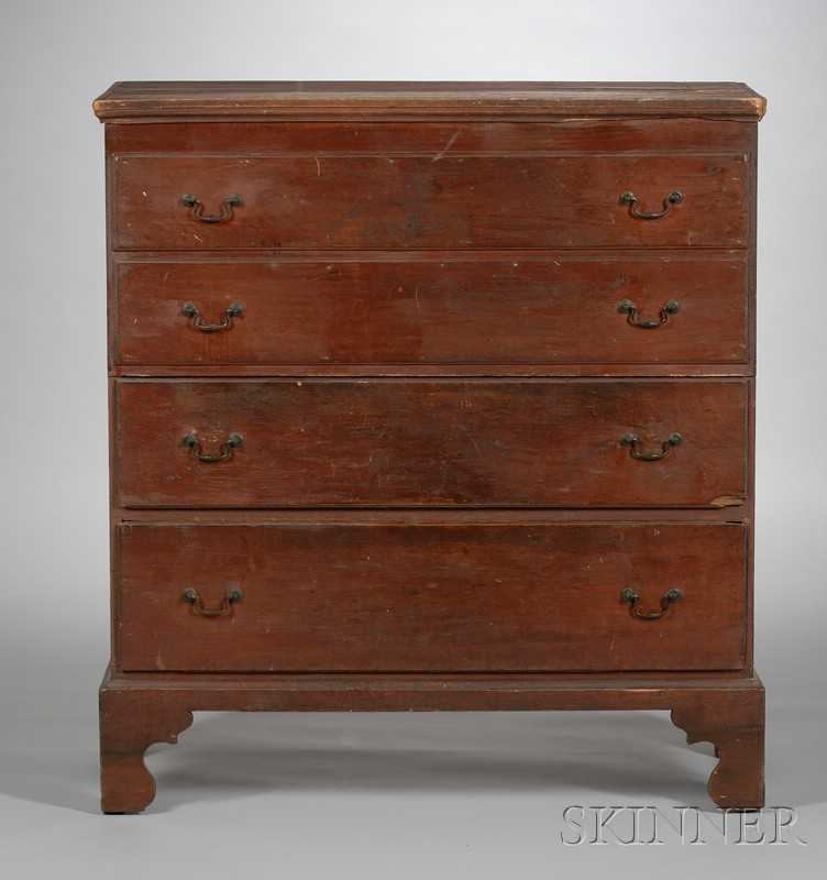 Red painted Pine Blanket Chest over Two Long Drawers ht