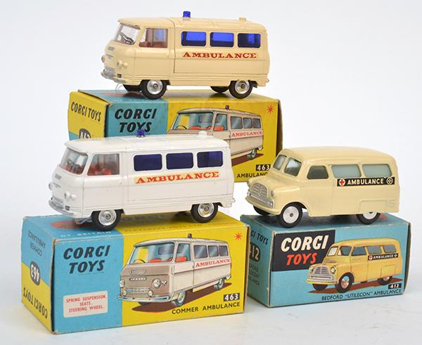THREE CORGI COMMERCIAL VEHICLES INCLUDING TWO 463 COMMER AMBULANCES WITH