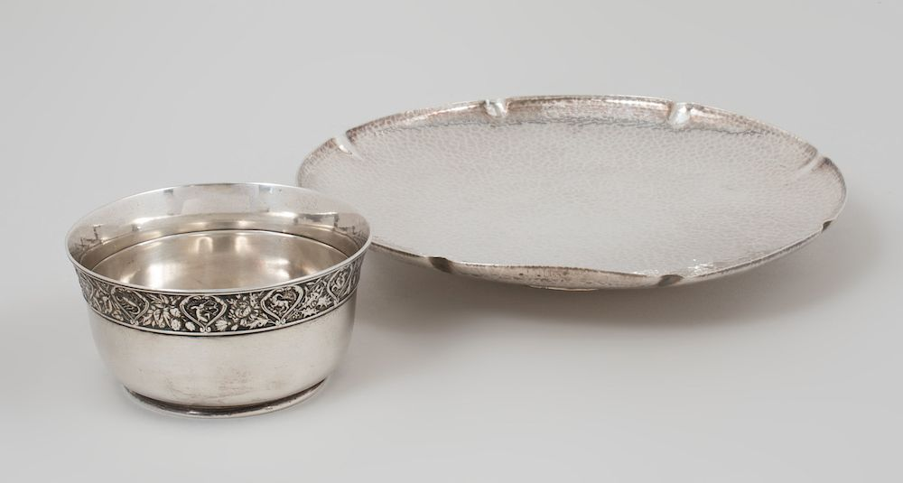 Gorham Silver Zodiac Bowl and Whiting Planished Silver Compote Each