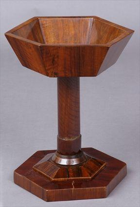 BIEDERMEIER MAHOGANY HEXAGONAL SEWING BASKET With tapered sides on column