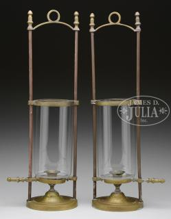 PAIR OF BRASS ADJUSTABLE CANDLE HOLDERS TOGETHER WITH A PAIR