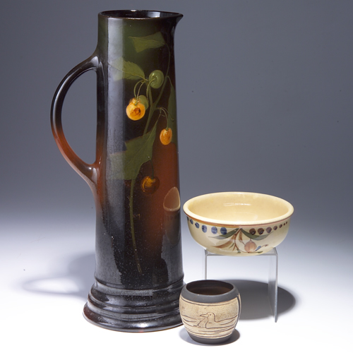 Three WELLER pieces to include a tall Louwelsa ewer painted