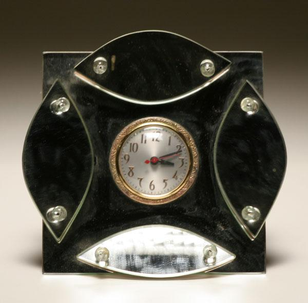 Art Deco mirrored glass Yule table clock mounted in mirror