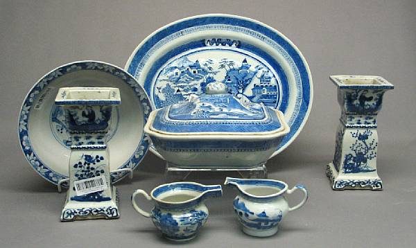 An assembled group of Canton blue and white export porcelains
