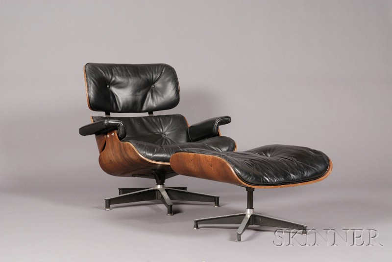 Lounge Chair and Ottoman Black leather and laminated rosewood Possibly