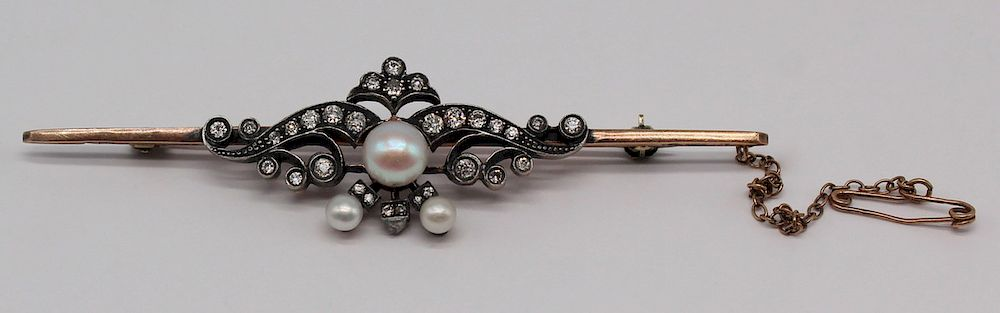 JEWELRY Russian 14kt Gold Diamond and Pearl Brooch Antique early