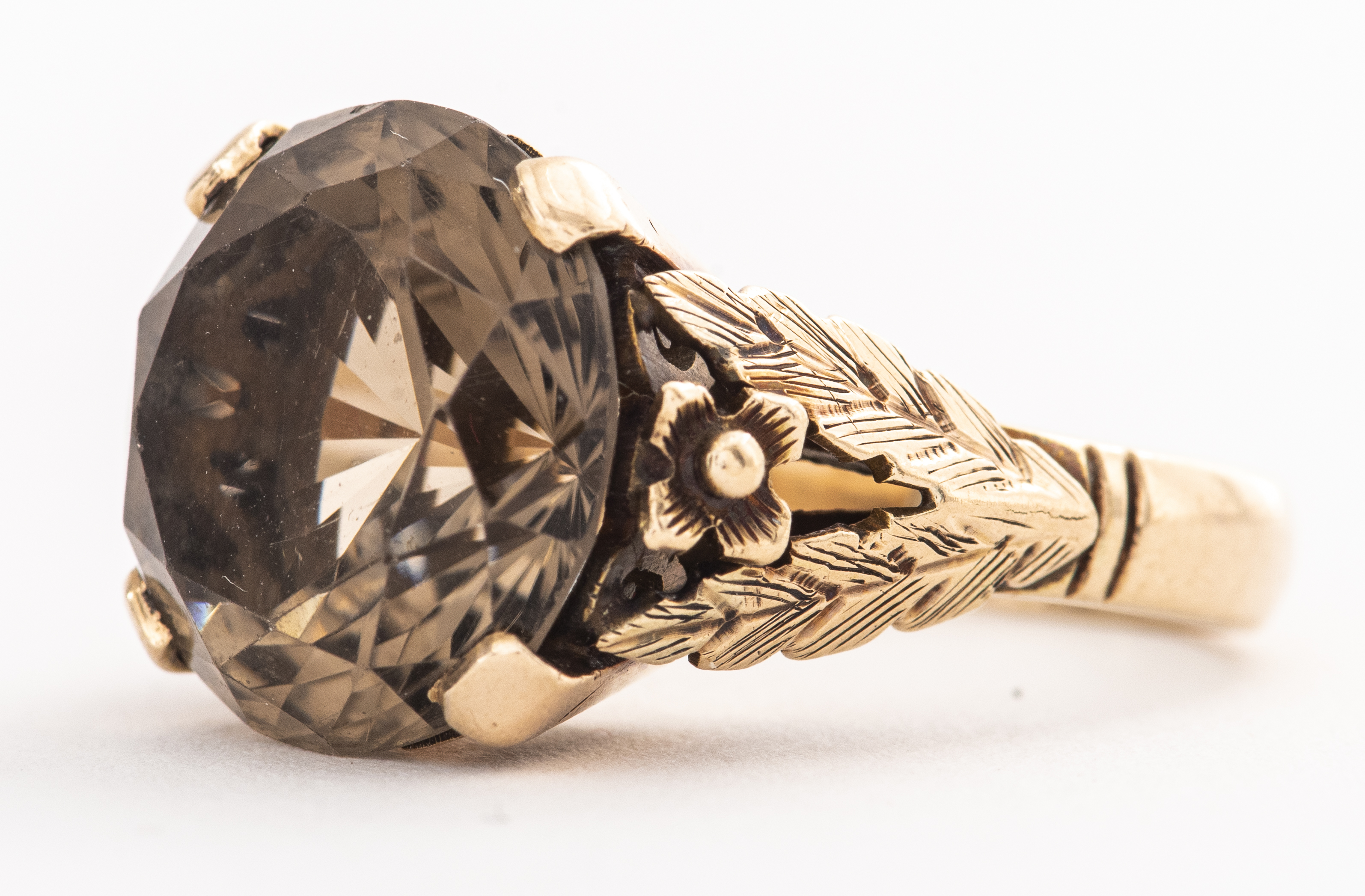 1940 S 14K ROSE GOLD SMOKY QUARTZ FLORAL RING Vintage